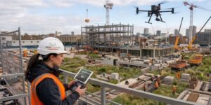 To illustrate a drone pilot flying a LiDAR mounted drone over a construction site